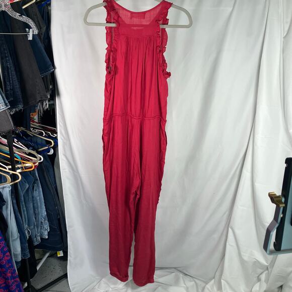 Mustard Seed Red Sleeveless Ruffle Jumpsuit M Button Front Drawstring Waist New - Picture 2 of 15